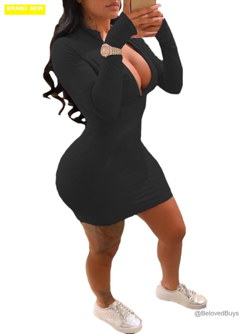 Front Zipper Bodycon Dress Long-Sleeve Club Party Dress